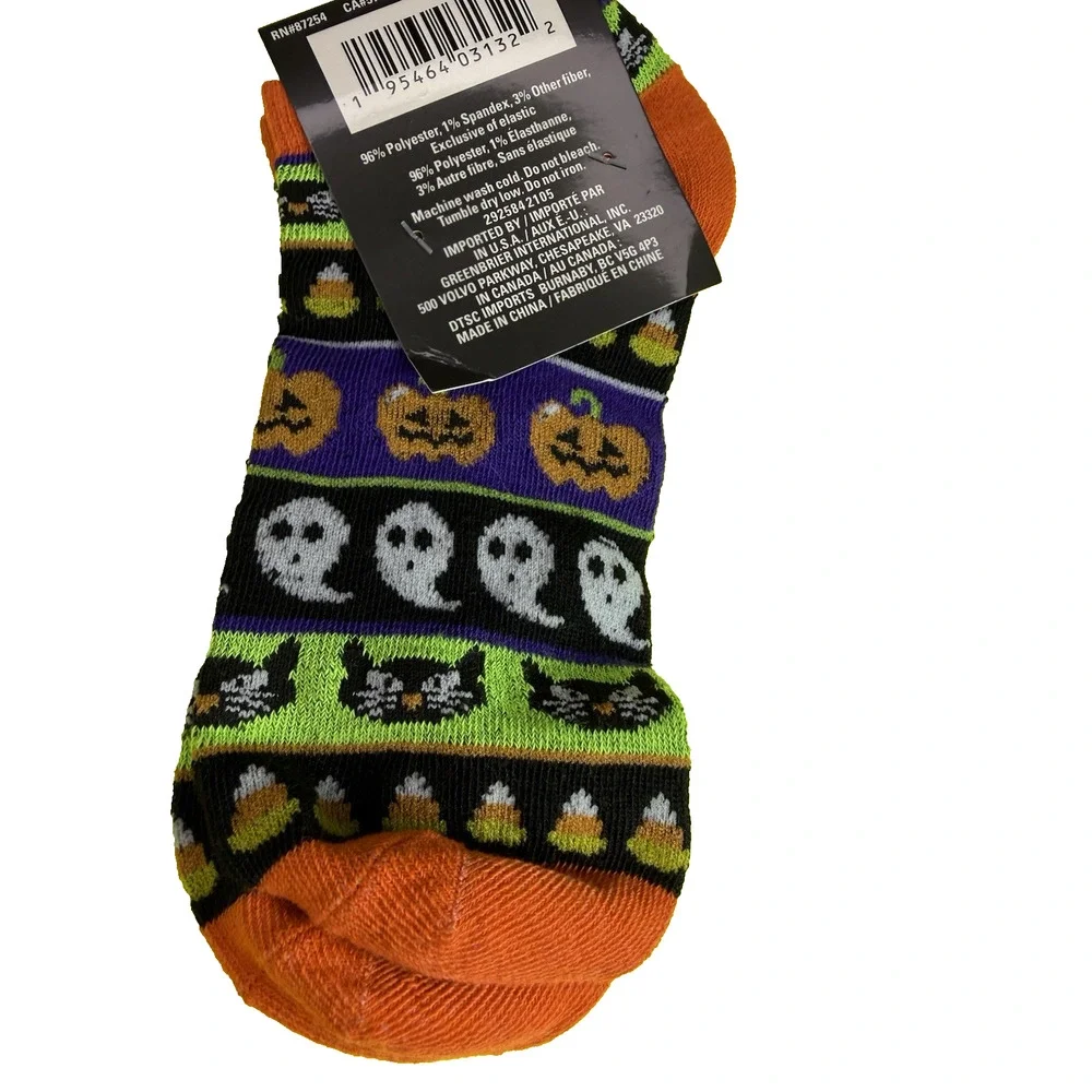 Halloween Low Cut Socks Orange Black Green Cats Candy Corn Pumpkin Ghost Sz 5-9